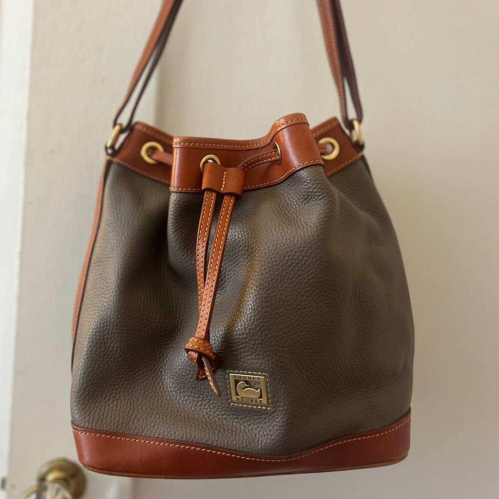 Dooney & Bourke Dillon Drawstring Bucket Bag – Taupe & Cognac Leather